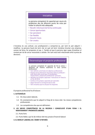 9 
Iniciativa 
La persona competent té capacitat per veure els 
problemes des de diferents punts de vista per 
trobar la solució més adequada 
• Recollir informació de forma continuada 
• Cercar oportunitats 
• Ser persistent 
• Ser flexible 
• Assumir riscos 
• Ser creatiu 
L’iniciativa és una actitud, una predisposició a comportar-se, per tant és pot adquirir i 
modificar. La persona haurà de tenir clar en què vol tenir iniciativa (muntar una empresa, 
canviar de feina, fer propostes al cap...). També cal que la persona sigui capaç d’analitzar el 
context per tal de cercar necessitats a satisfer. Per tant està molt relacionada amb la presa de 
decisions. 
Desenvolupar el projecte professional 
La persona competent té capacitat de fer-se càrrec i 
gestionar de manera autònoma la seva carrera 
professional 
• Tenir definits i prioritzats els objectius professionals 
• Disposar de la informació necessària sobre la professió i 
estar alerta dels canvis que s’hi produeixen: 
requeriments, preparació professional i personal... 
• Identificar les pròpies capacitats i mancances en relació a 
un lloc de feina 
• Confiar en les pròpies capacitats per aprendre 
• Seguir formant-se al llarg de tota la vida 
• Tenir iniciativa quan la situació ho requereix 
El projecte professional ha d’incloure: 
1. AUTOANÀLISI 
1.1. Els meus valors laborals. 
1.2. Els coneixements que he adquirit al llarg de la meva vida i les meves competències 
professionals. 
1.3. Les competències clau que em defineixen. 
2. LES MEVES COMPETÈNCIES EN LA RECERCA I CONSECUCIÓ D’UNA FEINA I EL 
MANTENIMENT I PROMOCIÓ LABORAL 
2.1. Punts forts 
2.2. Punts febles: que he de millorar del meu procés d’inserció laboral 
3. EL MERCAT LABORAL DE L’ÀMBIT D’INTERÈS 
 
