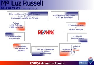 FORÇA da marca Remax Eleita pela Exame e Heidrick & Struggles  como a 2ª melhor  empresa para trabalhar em Portugal Portugal  + 200 Agências + 3000 comerciais Transaccionamos 2 imóveis/hora  Vanguardista nas Técnicas de Marketing > 29.000 Propriedades Na Internet www.remax.pt 6.500 Agências = 65 Países = 120.000 Associados 32 Marcas + Conhecidas Vodafone Galp RE/MAX PT ... > 2.000.000 Transacções/Ano 3 Casas Angariadas = 2 Casas Vendidas 