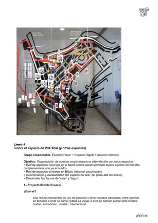 Línea 4
Sobre el espacio de WikiToki (y otros espacios)
Grupo responsable: Espacio Físico + Espacio Digital + Asuntos Internos
Objetivo: Organización de nuestro propio espacio e interrelación con otros espacios.
> Red de espacios-recursos en el barrio (como acción principal nueva a poner en marcha,
complementaria a lo ya activado).
> Red de espacios similares en Bilbao (retomar coworkalari).
> Reordenación y escalabilidad del espacio de WikiToki (más allá del actual).
> Desarrollar las figuras de 'sarer' y ‘lagun’.
1.- Proyecto Red de Espacio
¿Qué es?
Una red de intercambio de uso de espacios y otros recursos asociados, entre agentes
en principio a nivel de barrio (Bilbao La Vieja). A esto se podrían sumar otros niveles:
ciudad, autonómico, estatal o internacional.
 