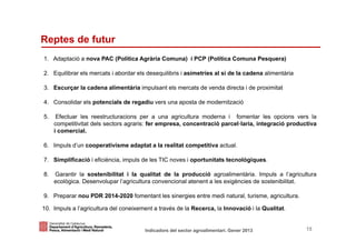 Reptes de futur
1. Adaptació a nova PAC (Política Agrària Comuna) i PCP (Política Comuna Pesquera)

2. Equilibrar els mercats i abordar els desequilibris i asimetries al si de la cadena alimentària

3. Escurçar la cadena alimentària impulsant els mercats de venda directa i de proximitat

4. Consolidar els potencials de regadiu vers una aposta de modernització

5.    Efectuar les reestructuracions per a una agricultura moderna i fomentar les opcions vers la
     competitivitat dels sectors agraris: fer empresa, concentració parcel·laria, integració productiva
     i comercial.

6. Impuls d’un cooperativisme adaptat a la realitat competitiva actual.

7. Simplificació i eficiència, impuls de les TIC noves i oportunitats tecnològiques.

8.   Garantir la sostenibilitat i la qualitat de la producció agroalimentària. Impuls a l’agricultura
     ecològica. Desenvolupar l’agricultura convencional atenent a les exigències de sostenibilitat.

9. Preparar nou PDR 2014-2020 fomentant les sinergies entre medi natural, turisme, agricultura.

10. Impuls a l’agricultura del coneixement a través de la Recerca, la Innovació i la Qualitat.


Identificació del departament o organisme
                          Indicadors del sector agroalimentari. Gener 2013                          15
 