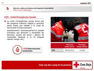 memòria 201317
 La unitat d’emergències socials forma part
del programa d’atenció integral a persones
sense sostre que treballa a la ciutat de
Girona amb 2 línies d’actuació:
assessorament i acompanyament en aquells
processos que demanen o necessiten les
persones usuaris del servei i atenció de
necessitats bàsiques a la nit (beguda
calenta, menjar, etc,)
Persones
ateses carrer
Persones
ateses oficina
UES 95 (40 2012) 115 (92)
UES - Unitat Emergències Socials
1.240 Intervencions
realitzades
Atenció a altres col·lectius amb especial vulnerabilitat
Altres accions destacades
 