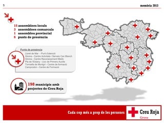 memòria 20135
15 assemblees locals
3 assemblees comarcals
1 assemblea provincial
6 punts de presència
198 municipis amb
projectes de Creu Roja
Punts de presència
Lloret de Mar - Punt d’atenció
Girona - Centre Activitats i Serveis Can Blanch
Girona - Centre Reconeixement Mèdic
Pla de l’Estany - Lloc de Primers Auxilis
Torroella de Montgrí - Centre de formació
Camprodon - Centre de Formació
 