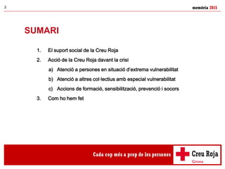 memòria 20153
SUMARI
1. El suport social de la Creu Roja
2. Acció de la Creu Roja davant la crisi
a) Atenció a persones en situació d’extrema vulnerabilitat
b) Atenció a altres col·lectius amb especial vulnerabilitat
c) Accions de formació, sensibilització, prevenció i socors
3. Com ho hem fet
 