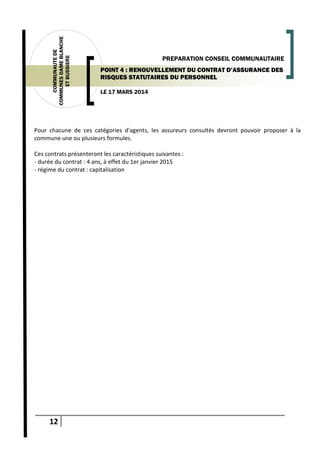 12
COMMUNAUTEDE
COMMUNESDAMEBLANCHE
ETBUSSIERE
LE 17 MARS 2014
PREPARATION CONSEIL COMMUNAUTAIRE
POINT 4 : RENOUVELLEMENT DU CONTRAT D’ASSURANCE DES
RISQUES STATUTAIRES DU PERSONNEL
Pour chacune de ces catégories d'agents, les assureurs consultés devront pouvoir proposer à la
commune une ou plusieurs formules.
Ces contrats présenteront les caractéristiques suivantes :
- durée du contrat : 4 ans, à effet du 1er janvier 2015
- régime du contrat : capitalisation
 