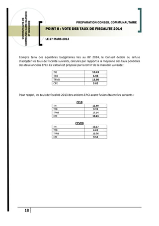 18
COMMUNAUTEDE
COMMUNESDAMEBLANCHE
ETBUSSIERE
LE 17 MARS 2014
PREPARATION CONSEIL COMMUNAUTAIRE
POINT 8 : VOTE DES TAUX DE FISCALITE 2014
Compte tenu des équilibres budgétaires liés au BP 2014, le Conseil décide ou refuse
d’adopter les taux de fiscalité suivants, calculés par rapport à la moyenne des taux pondérés
des deux anciens EPCI. Ce calcul est proposé par la DrFiP de la manière suivante :
TH 10.43
TFB 6.94
TFNB 13.60
CFE 9.61
Pour rappel, les taux de fiscalité 2013 des anciens EPCI avant fusion étaient les suivants :
CCLB
TH 11.99
TFB 9.19
TFNB 17.14
CFE 10.24
CCVDB
TH 10.17
TFB 6.63
TFNB 10.76
CFE 9.53
 