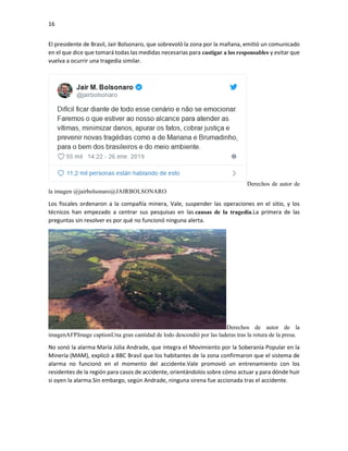 16
El presidente de Brasil, Jair Bolsonaro, que sobrevoló la zona por la mañana, emitió un comunicado
en el que dice que t...