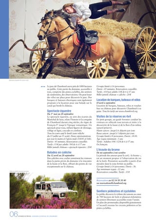 Le parc de Chambord ouvre près de 1000 hectares
au public. Cette partie du domaine, accessible à
tous, comporte des pistes cyclables, des sentiers
de randonnées, des observatoires. On peut louer
des vélos sur place pour découvrir le parc. Des
barques et bateaux électriques sont également
proposés à la location pour une balade sur le
canal qui borde le château.
Spectacle équestre
Du 1er
mai au 28 septembre
Le spectacle équestre, au sein des écuries du
Maréchal de Saxe, relate l’histoire et la conquête
de Chambord durant cinq siècles, du règne de
François Ier
jusqu’à l’époque romantique. Un
spectacle pour tous, mêlant ﬁgures de dressage,
voltige en ligne, cascades et combats.
Tous les jours sauf le lundi (sans relâche
du 15 juillet au 15 août). Deux représentations
par jour le matin et l’après-midi (11h45 et 16h).
Durée : 45 minutes. Réservation conseillée.
Tarifs : 11€ par adulte / 8€ de 6 à 17 ans
Billet jumelé château + spectacle équestre : 20€
Balades en calèche
Du 12 avril au 28 septembre
Des calèches avec cocher emmènent les visiteurs
dans la partie privée du domaine à la rencontre
de la faune et la ﬂore, offrant des points de vue
exceptionnels sur le château.
Groupe limité à 16 personnes.
Durée : 45 minutes. Réservation conseillée.
Tarifs : 11€ par adulte / 8€ de 6 à 17 ans
Billet jumelé château + calèche : 20€
Location de barques,bateaux et vélos
D’avril à septembre
Location de barques, bateaux, vélos et rosalies
face au château pour découvrir Chambord à sa
guise. Tous les tarifs sur www.chambord.org
Visites de la réserve en 4x4
En petit groupe, un guide forestier conduit les
visiteurs en véhicule tout terrain et initie à la
découverte de la faune et de la ﬂore d’un milieu
naturel préservé.
Haute saison : jusqu’à 6 départs par jour.
Basse saison : jusqu’à 3 départs par jour.
Groupe limité à 8 personnes. Durée : 1h30.
Âge requis minimum : 3 ans
Tarifs : Adultes 18€ / 12€ de 6 à 17 ans.
En français.
L’écoute du brame
De mi-septembre à mi-octobre
La période des amours pour le cerf, «le brame»,
est un moment propice à l’observation du roi
de la forêt. Prestation accessible à partir d’un
mirador dans la zone fermée au public.
Groupe limité à 16 personnes. Durée : 3h.
Âge minimum requis : 12 ans.
Réservation conseillée. Tarifs : 35€
Réservation au 02 54 50 50 40
ou reservations@chambord.org
Sentiers pédestres et cyclables
Le public découvre le rythme des saisons au cœur
de 700 hectares de forêt et plusieurs kilomètres
de sentiers librement accessibles toute l’année.
Un plan des promenades (disponible gratuitement
à l’accueil) recense les circuits pédestres et les
pistes cyclables.
06DOSSIER DE PRESSE - DOMAINE NATIONAL DE CHAMBORD
Spectacle équestre © Ludovic Letot
Visite en forêt © Léonard de Serres
 
