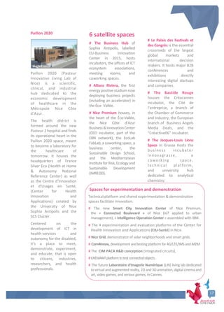 Paillon 2020
Paillon 2020 (Pasteur
Innovative Living Lab of
Nice) is a scientific,
clinical, and industrial
hub dedicated to the
economic development
of healthcare in the
Métropole Nice Côte
d’Azur.
The health district is
formed around the new
Pasteur 2 hospital and finds
its operational heart in the
Paillon 2020 space, meant
to become a laboratory for
the healthcare of
tomorrow. It houses the
headquarters of France
Silver Eco (Health at Home
& Autonomy National
Reference Center) as well
as the Centre d’Innovation
et d’Usages en Santé,
(Center for Health
Innovation and
Applications) created by
the University of Nice
Sophia Antipolis and the
SCS Cluster.
Centered on the
development of ICT in
health-services and
autonomy for the disabled,
it’s a place to meet,
demonstrate, experiment,
and educate, that is open
to citizens, industries,
researchers, and health
professionals.
6 satellite spaces
# The Business Hub of
Sophia Antipolis, labelled
EU-Business Innovation
Center in 2015, hosts
incubators, the offices of ICT
ecosystem associations,
meeting rooms, and
coworking spaces.
# Allianz Riviera, the first
energypositivestadiumnow
deploying business projects
(including an accelerator) in
the Éco- Vallée.
# Nice Premium houses, in
the heart of the Éco-Vallée,
the Nice Côte d’Azur
Business&InnovationCenter
(CEEI incubator, part of the
EBN network), the EcoLab
FabLab, a coworking space, a
business center, the
Sustainable Design School,
and the Mediterranean
InstituteforRisk,Ecologyand
Sustainable Development
(IMREDD).
# Le Palais des Festivals et
des Congrès is the essential
crossroads of the largest
global markets and
international decision
makers. It hosts major B2B
conferences and
exhibitions directly
interesting digital startups
and companies.
# The Bastide Rouge
houses the Créacannes
incubator, the Cité de
l’entreprise, a branch of
the Chamber of Commerce
and Industry, the European
branch of Business Angels
Media Deals, and the
“Créactive06” incubator.
# The Jacques-Louis Lions
Space in Grasse hosts the
business incubator
Innovagrasse, a
coworking space,
technical platform,
and university hub
dedicated to analytical
chemistry.
© CNR santé
Spaces for experimentation and demonstration
Technical platform and shared experimentation & demonstration
spaces facilitate innovation:
# The new Smart City Innovation Center of Nice Premium,
the « Connected Boulevard » of Nice (IoT applied to urban
management), « Intelligence Operation Center » assembled with IBM.
# The 4 experimentation and evaluation platforms of the Center for
Health Innovation and Applications (CIU-Santé) in Nice.
# Nice Grid, demonstrator of solar neighborhoods and smart grids.
# Com4Innov, developmentandtestingplatform for 4G/LTE/IMSandM2M
# The CIM PACA R&D conception (integrated circuits),
#CREMANTplatformtotestconnectedobjects.
# The future Laboratoire d'Imagerie Numérique (LIN) living lab dedicated
to virtual and augmentedreality, 2D and3D animation, digital cinema and
art, video games, and serious games, in Cannes.
17
 