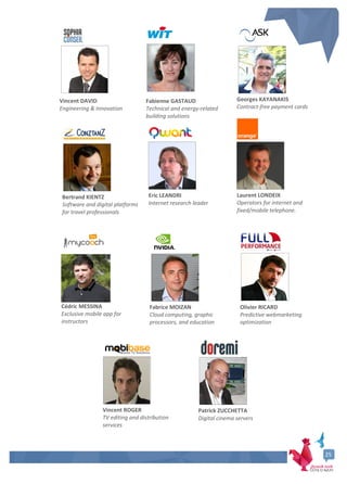 6
Georges KAYANAKIS
Contract-free payment cards
Laurent LONDEIX
Operators for internet and
fixed/mobile telephone.
Vincent DAVID
Engineering & Innovation
Fabienne GASTAUD
Technical and energy-related
building solutions
Bertrand KIENTZ
Software and digital platforms
for travel professionals
Eric LEANDRI
Internet research leader
Fabrice MOIZAN
Cloud computing, graphic
processors, and education
Olivier RICARD
Predictive webmarketing
optimization
Vincent ROGER
TV editing and distribution
services
Patrick ZUCCHETTA
Digital cinema servers
Cédric MESSINA
Exclusive mobile app for
instructors
25
 