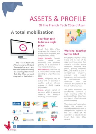 6
ASSETS & PROFILE
Of the French Tech Côte d'Azur
A total mobilization
The French Tech Côte
d’Azur is comprised first and
foremost of the actors who
have been mobilized to carry
the candidacy of the French
Tech Côte d’Azur and boost
the growth of their industry.
Four high tech
hubs in a single
place
French Tech Côte d’Azur
showcases the cohesion of a
strong digital ecosystem with
complimentary assets :
Sophia Antipolis, Europe’s
leading science and
technology park, renowned
globally for its excellence in
information technology,
Nice Côte d'Azur, one of the top
5 “smart cities” in the world,
according to Juniper Research,
2015.
Cannes, exceptional city for
culture with an expertise in
satellites and an offensive
strategy in digital imaging
technologies,
Grasse, global capital of
perfume, which is exploring
chemical and biological
modeling and simulation.
Working together
for the label
Nice, Sophia Antipolis, Cannes,
Grasse and the rest of the
department have united their
strengths to create a unique
movement, reuniting large
groups, growing companies,
SMEs, and startups as well as
competitive clusters,
university and research
laboratories, and communities
of entrepreneurs and
institutions with one
ambition: the growth of the
French Tech Côte d’Azur.
The public institutions and
stakeholders undertook a
single candidacy under the
guidance of Team Côte d’Azur,
the region’s official economic
promotion agency.
The entrepreneur’s associations
kindled and achieved an
unprecedented mobilization of
entrepreneurs supported by
the key actors of the
ecosystem, to federate into the
French Tech Côte d’Azur
dynamic.
 