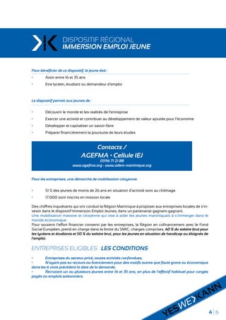 4 6
DISPOSITIF RÉGIONAL
IMMERSION EMPLOI JEUNE
Pour bénéficier de ce dispositif, le jeune doit :
•	 Avoir entre 16 et 35 ans
•	 Etre lycéen, étudiant ou demandeur d’emploi
Le dispositif permet aux jeunes de :
•	 Découvrir le monde et les realités de l’entreprise
•	 Exercer une activité et contribuer au développement de valeur ajoutée pour l’économie
•	 Développer et capitaliser un savoir-faire
•	 Préparer financièrement la poursuite de leurs études
Pour les entreprises, une démarche de mobilisation citoyenne.
•	 51 % des jeunes de moins de 26 ans en situation d’activité sont au chômage.
•	 17.000 sont inscrits en mission locale
Des chiffres inquiétants qui ont conduit la Région Martinique à proposer aux entreprises locales de s’in-
vestir dans le dispositif Immersion Emploi Jeunes, dans un partenariat gagnant-gagnant.
Une mobilisation massive et citoyenne qui vise à aider les jeunes martiniquais à s’immerger dans le
monde économique.
Pour soutenir l’effort financier consenti par les entreprises, la Région en cofinancement avec le Fond
Social Européen, prend en charge dans la limite du SMIC, charges comprises, 40 % du salaire brut pour
les lycéens et étudiants et 50 % du salaire brut, pour les jeunes en situation de handicap ou éloignés de
l’emploi.
ENTREPRISES ELIGIBLES : LES CONDITIONS
•	 Entreprises du secteur privé, toutes activités confondues,
•	 N’ayant pas eu recours au licenciement pour des motifs autres que faute grave ou économique
dans les 6 mois précédent la date de la demande,
•	 Recrutant un ou plusieurs jeunes entre 16 et 35 ans, en plus de l’effectif habituel pour congés
payés ou emplois saisonniers.
Contacts /
AGEFMA • Cellule IEJ
0596 71 21 88
www.agefma.org - www.adem-martinique.org
 