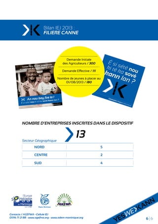 6 6
Demande Initiale
des Agriculteurs / 300
Demande Effective / 111
Nombre de jeunes à placer au
01/08/2013 / 180
NOMBRE D’ENTREPRISES INSCRITES DANS LE DISPOSITIF
Secteur Géographique
NORD 5
CENTRE 2
SUD 4
13
Bilan IEJ 2013 :
FILIERE CANNE
Contacts / AGEFMA • Cellule IEJ
0596 71 21 88 - www.agefma.org - www.adem-martinique.org
 