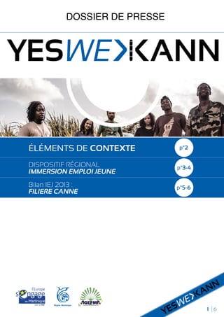 1 6
DOSSIER DE PRESSE
ÉLÉMENTS DE CONTEXTE
DISPOSITIF RÉGIONAL
IMMERSION EMPLOI JEUNE
Bilan IEJ 2013 :
FILIERE CANNE
p°2
p°3-4
p°5-6
 