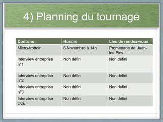 4) Planning du tournage
Contenu

Horaire

Lieu de rendez-vous

Micro-trottoir

6 Novembre à 14h

Promenade de Juanles-Pins

Interview entreprise
n°1

Non défini

Non défini

Interview entreprise
n°2

Non défini

Non défini

Interview entreprise
n°3

Non défini

Non défini

Interview entreprise
D3E

Non défini

Non défini

 