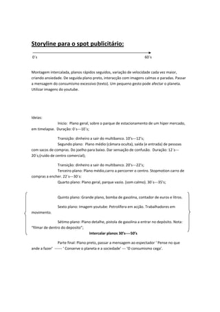 
Storyline para o spot publicitário: 
 
 0´s                                                                                                                 60´s 

 
Montagem intercalada, planos rápidos seguidos, variação de velocidade cada vez maior, 
criando ansiedade. De seguida plano preto, interacção com imagens calmas e paradas. Passar 
a mensagem do consumismo excessivo (texto). Um pequeno gesto pode afectar o planeta. 
Utilizar imagens do youtube.  

         
 

Ideias:  
               Inicio:  Plano geral, sobre o parque de estacionamento de um hiper mercado, 
em timelapse.  Duração: 0´s‐‐‐10´s; 

                Transição: dinheiro a sair do multibanco. 10’s‐‐‐12’s; 
                Segundo plano:  Plano médio (câmara oculta), saída (e entrada) de pessoas 
com sacos de compras. Do joelho para baixo. Dar sensação de confusão.  Duração: 12´s‐‐‐
20´s;(ruído de centro comercial); 

              Transição: dinheiro a sair do multibanco. 20’s‐‐‐22’s; 
              Terceiro plano: Plano médio,carro a percorrer o centro. Stopmotion carro de 
compras a encher. 22´s‐‐‐30´s: 
              Quarto plano: Plano geral, parque vazio. (som calmo). 30´s‐‐‐35’s; 

 
                     Quinto plano: Grande plano, bomba de gasolina, contador de euros e litros. 

                     Sexto plano: Imagem youtube: Petrolífera em acção. Trabalhadores em 
movimento. 

                Sétimo plano: Plano detalhe, pistola de gasolina a entrar no depósito. Nota:             
“filmar de dentro do deposito”; 
                                        Intercalar planos 30’s‐‐‐‐50’s 

                  Parte final: Plano preto, passar a mensagem ao espectador ‘ Pense no que 
ande a fazer’  ‐‐‐‐‐‐ ‘ Conserve o planeta e a sociedade’ ‐‐‐ ‘O consumismo cega’.  

 

 
 