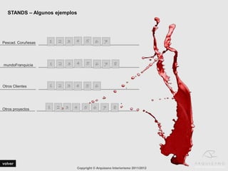 STANDS – Algunos ejemplos




Pescad. Coruñesas   1   2   3   4    5     6     7



mundoFranquicia     1   2   3   4    5     6     7     8



Otros Clientes      1   2   3   4    5     6



Otros proyectos
                    1   2   3   4   5     6     7      8




volver
                                Copyright © Arquizano Interiorismo 2011/2012
 