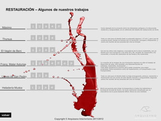 RESTAURACIÓN – Algunos de nuestros trabajos



 Máximo                 1   2   3   4      5                                     Como ejemplo de la armonía entre los elementos antiguos y la decoración
                                                                                 moderna y vanguardista, es un referente del diseño de restauración en Ávila




 Thyrsus                1   2   3   4                                            Todo un reto para el diseño dado su pequeño espacio ( 17 m2 ), pero una de
                                                                                 nuestras joyas, siendo ya famoso por su particular concepto y disposición, y
                                                                                 centro de reunión de los amantes del vino en Oviedo




El Vagón de Beni        1   2   3   4                                            Uno de los sitios más mágicos y evocadores de la sierra madrileña, con un
                                                                                 diseño que nos transporta a los años 30 y 40, cargado de melancolía y de
                                                                                 recuerdos, a través del clasicismo de las líneas y los materiales




Franq. Mater Asturias   1   2   3   4     5     6     7                          La creación de la imagen de una franquicia requiere no sólo el trabajo de
                                                                                 desarrollo de esta, sino también una estandarización de
                                                                                 métodos, materiales, iluminación … .
                                                                                 Todo debe ajustarse al máximo para poder presentar una mejor
                                                                                 propuesta, tanto económica como de implantación, al franquiciador y sus
                                                                                 franquiciados



 Llaves de San Pedro    1   2   3                                                Todo un reto para el diseño dado su bajo presupuesto, pintura, rotulación e
                                                                                 iluminación son las armas de este diseño sencillo y vanguardista. Segundo
                                                                                 centro de reunión de los amantes del vino en Oviedo




 Heladería Muska        1   2   3   4                                            Abrió sus puertas para bajar la temperatura a todos los habitantes y
                                                                                 turistas de Aranda de Duero. Un local realmente complicado por su
                                                                                 volumétria nos lo puso bastante dificil. Ahora es una realidad.




volver
                                        Copyright © Arquizano Interiorismo 2011/2012
 