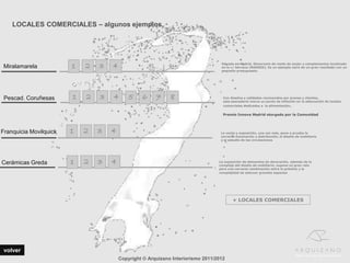 LOCALES COMERCIALES – algunos ejemplos




 Miralamarela           1   2   3   4                                             Situada en Madrid, Showroom de moda de mujer y complementos localizado
                                                                                  en la c/ Serrano (MADRID). Es un ejemplo claro de un gran resultado con un
                                                                                  pequeño presupuesto.




 Pescad. Coruñesas      1   2   3   4       5    6     7     8                     Con diseños y calidades reconocidos por prensa y clientes,
                                                                                   esta pescadería marca un punto de inflexión en la adecuación de locales
                                                                                   comerciales dedicados a la alimentación.


                                                                                   Premio Innova Madrid otorgado por la Comunidad




Franquicia Movilquick   1   2   3   4                                             La venta y exposición, una vez más, pone a prueba la
                                                                                  correcta iluminación y distribución, el diseño de mobiliario
                                                                                  y el estudio de las circulaciones




Cerámicas Greda         1   2   3   4                                            La exposición de elementos de decoración, además de lo
                                                                                 complejo del diseño de mobiliario, supone un gran reto
                                                                                 para una correcta combinación entre lo práctico y la
                                                                                 complejidad de adecuar grandes espacios




                                                                                         + LOCALES COMERCIALES




 volver
                                        Copyright © Arquizano Interiorismo 2011/2012
 