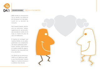 POR QUÉ ES TAN BUENO.     FIDELIZA A TUS CLIENTES


QABI facilita la comunicación
con tu cliente y se enfoca en
los indicadores con más reper-
cusión en su decisión de
consumo.

Para nuestros clientes, percibir
que sus opiniones, quejas,
sugerencias, etc. son escucha-
das y tenidas en cuenta, es sin
duda un motivo de peso de
cara a la fidelización.

El objetivo es conseguir que
nuestros clientes, en sus visitas
posteriores a la cumplimenta-
ción de los cuestionarios, identi-
fiquen cambios significativos
en nuestro modelo de negocio,
basados en las respuestas que
en su día dieron.

Un cliente que se siente escu-
chado, es un cliente que repite,
y que recomendará nuestro
negocio y nuestros servicios a
su entorno más cercano.
 