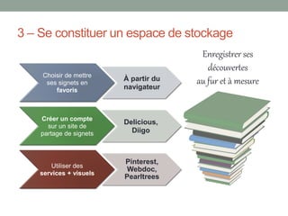 3 – Se constituer un espace de stockage
                                        Enregistrer ses
                                          découvertes
    Choisir de mettre
                         À partir du   au fur et à mesure
     ses signets en
        favoris          navigateur



    Créer un compte
                         Delicious,
      sur un site de
    partage de signets     Diigo



                         Pinterest,
        Utiliser des
                          Webdoc,
    services + visuels
                         Pearltrees
 