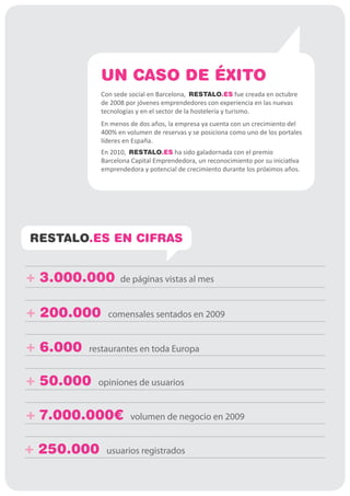 UN CASO DE ÉXITO
            Con sede social en Barcelona, RESTALO.ES fue creada en octubre
            de 2008 por jóvenes emprendedores con experiencia en las nuevas
            tecnologías y en el sector de la hostelería y turismo.
            En menos de dos años, la empresa ya cuenta con un crecimiento del
            400% en volumen de reservas y se posiciona como uno de los portales
            líderes en España.
            En 2010, RESTALO.ES ha sido galadornada con el premio
            Barcelona Capital Emprendedora, un reconocimiento por su iniciativa
            emprendedora y potencial de crecimiento durante los próximos años.




RESTALO.ES EN CIFRAS


+ 3.000.000       de páginas vistas al mes


+ 200.000     comensales sentados en 2009


+ 6.000   restaurantes en toda Europa


+ 50.000    opiniones de usuarios


+ 7.000.000€         volumen de negocio en 2009


+ 250.000     usuarios registrados
 