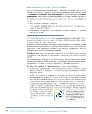 14 - RESTRUCTURATIONS SOCIALEMENT RESPONSABLES – Institut du Leadership – BPI group
Les restructurations d’entreprises : définition synthétique
Il s’agit d’une transformation organisationnelle qui a des impacts sur l’emploi, mais pas néces-
sairement en termes de suppression d’emplois. Les restructurations peuvent en effet conduire
à des mobilités fonctionnelles et/ou géographiques, ou encore se traduire en un change-
ment de statut, comme dans le cas des entreprises publiques qui s’ouvrent à la concurrence.
En d’autres termes, les restructurations, au sens large, ont des effets sur l’emploi à plusieurs
niveaux :
ƒƒ effets quantitatifs : suppressions d’emplois ;
ƒƒ effets qualitatifs : adaptation du contenu du travail sans suppression d’emplois ou modi-
fication du statut du travailleur ;
ƒƒ accroissement des mobilités sans suppression d’emplois : mobilités fonctionnelles
et/ou géographiques.
Définir la « restructuration socialement responsable »
Comment, dès lors, définir la notion de restructuration socialement responsable ? Elle se
caractérise par trois dimensions principales : anticipation, réduction des externalités négatives
à chaud et gestion de « l’après-restructuration ».
Les restructurations socialement responsables supposent en effet, en premier lieu, que les
parties prenantes se placent dans une démarche d’anticipation, visant à éviter autant que
possible de futures suppressions d’emplois. Cette démarche prend place au niveau de
l’entreprise, mais aussi à l’extérieur de ses frontières.
Dans l’entreprise, elle consiste à anticiper les évolutions de l’activité pour être en mesure de
s’engager dans une démarche de gestion prévisionnelle des emplois et des compétences
(GPEC).
Se donner les moyens d’anticiper les évolutions de son/ses activité(s) permet aussi d’anticiper
en amont les éventuelles fermetures de sites et d’envisager, dans des conditions réalistes,
des alternatives à de telles situations via, notamment, la recherche de repreneurs.
En dehors des frontières de l’entreprise, plusieurs acteurs ont un rôle à jouer :
ƒƒ les fédérations professionnelles : par la connaissance des secteurs d’activité qu’elles
fédèrent, elles sont un échelon clé du travail d’anticipation de l’évolution des marchés,
et donc des métiers ;
ƒƒ les États et administrations publiques, tant au niveau national qu’aux niveaux commu-
nautaire ou international : elles sont garantes de l’élaboration de systèmes économiques
et sociaux permettant le déploiement de logiques anticipatrices (cadre légal des restruc-
turations, système de formation initiale et continue, système d’assurance chômage...) ;
ƒƒ les acteurs des écosystèmes économique et institutionnel des entreprises en restruc-
turation : entreprises appartenant à sa chaîne de valeur, élus des collectivités locales,
interlocuteurs de l’administration du travail, maisons de l’emploi... Chacun est porteur
d’un certain nombre de leviers pour
une démarche socialement respon-
sable, le défi consistant à fédérer et
à coordonner les efforts de tous ces
acteurs.
Chacun est porteur d’un certain
nombre de leviers pour une
démarche socialement respon-
sable, le défi consistant à fédérer
et à coordonner les efforts de
tous ces acteurs.
Restructuration
socialement
responsable
 