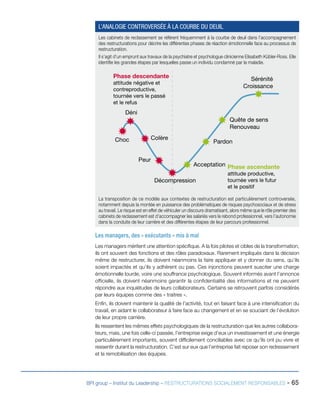 BPI group – Institut du Leadership – RESTRUCTURATIONS SOCIALEMENT RESPONSABLES - 65
Les cabinets de reclassement se réfèrent fréquemment à la courbe de deuil dans l’accompagnement
des restructurations pour décrire les différentes phases de réaction émotionnelle face au processus de
restructuration.
Il s’agit d’un emprunt aux travaux de la psychiatre et psychologue clinicienne Elisabeth Kübler-Ross. Elle
identifie les grandes étapes par lesquelles passe un individu condamné par la maladie.
Choc
Déni
Colère
Peur
Décompression
Acceptation
Pardon
Quête de sens
Renouveau
Sérénité
Croissance
Phase descendante
attitude négative et
contreproductive,
tournée vers le passé
et le refus
Phase ascendante
attitude productive,
tournée vers le futur
et le positif
La transposition de ce modèle aux contextes de restructuration est particulièrement controversée,
notamment depuis la montée en puissance des problématiques de risques psychosociaux et de stress
au travail. Le risque est en effet de véhiculer un discours dramatisant, alors même que le rôle premier des
cabinets de reclassement est d’accompagner les salariés vers le rebond professionnel, vers l’autonomie
dans la conduite de leur carrière et des différentes étapes de leur parcours professionnel.
L’ANALOGIE CONTROVERSÉE À LA COURBE DU DEUIL
Les managers, des « exécutants » mis à mal
Les managers méritent une attention spécifique. A la fois pilotes et cibles de la transformation,
ils ont souvent des fonctions et des rôles paradoxaux. Rarement impliqués dans la décision
même de restructurer, ils doivent néanmoins la faire appliquer et y donner du sens, qu’ils
soient impactés et qu’ils y adhèrent ou pas. Ces injonctions peuvent susciter une charge
émotionnelle lourde, voire une souffrance psychologique. Souvent informés avant l’annonce
officielle, ils doivent néanmoins garantir la confidentialité des informations et ne peuvent
répondre aux inquiétudes de leurs collaborateurs. Certains se retrouvent parfois considérés
par leurs équipes comme des « traitres ».
Enfin, ils doivent maintenir la qualité de l’activité, tout en faisant face à une intensification du
travail, en aidant le collaborateur à faire face au changement et en se souciant de l’évolution
de leur propre carrière.
Ils ressentent les mêmes effets psychologiques de la restructuration que les autres collabora-
teurs, mais, une fois celle-ci passée, l’entreprise exige d’eux un investissement et une énergie
particulièrement importants, souvent difficilement conciliables avec ce qu’ils ont pu vivre et
ressentir durant la restructuration. C’est sur eux que l’entreprise fait reposer son redressement
et la remobilisation des équipes.
 