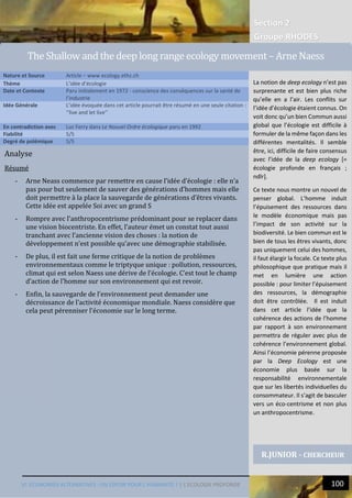 Section 2
Groupe RHODES
VI. ECONOMIES ALTERNATIVES : UN ESPOIR POUR L’HUMANITE ? | L’ECOLOGIE PROFONDE 100
00
Analyse
Résumé
- Arne Neass commence par remettre en cause l’idée d’écologie : elle n’a
pas pour but seulement de sauver des générations d’hommes mais elle
doit permettre à la place la sauvegarde de générations d’êtres vivants.
Cette idée est appelée Soi avec un grand S
- Rompre avec l’anthropocentrisme prédominant pour se replacer dans
une vision biocentriste. En effet, l’auteur émet un constat tout aussi
tranchant avec l’ancienne vision des choses : la notion de
développement n’est possible qu’avec une démographie stabilisée.
- De plus, il est fait une ferme critique de la notion de problèmes
environnementaux comme le triptyque unique : pollution, ressources,
climat qui est selon Naess une dérive de l’écologie. C’est tout le champ
d’action de l’homme sur son environnement qui est revoir.
- Enfin, la sauvegarde de l’environnement peut demander une
décroissance de l’activité économique mondiale. Naess considère que
cela peut pérenniser l’économie sur le long terme.
Nature et Source Article – www ecology.ethz.ch
Thème L’idée d’écologie
Date et Contexte Paru initialement en 1972 - conscience des conséquences sur la santé de
l’industrie
Idée Générale L’idée évoquée dans cet article pourrait être résumé en une seule citation :
‘‘live and let live’’
En contradiction avec Luc Ferry dans Le Nouvel Ordre écologique paru en 1992
Fiabilité 5/5
Degré de polémique 5/5
R.JUNIOR - CHERCHEUR
The Shallow and the deep long range ecology movement – Arne Naess
La notion de deep ecology n’est pas
surprenante et est bien plus riche
qu’elle en a l’air. Les conflits sur
l’idée d’écologie étaient connus. On
voit donc qu’un bien Commun aussi
global que l’écologie est difficile à
formuler de la même façon dans les
différentes mentalités. Il semble
être, ici, difficile de faire consensus
avec l’idée de la deep ecology [=
écologie profonde en français ;
ndlr].
Ce texte nous montre un nouvel de
penser global. L’homme induit
l’épuisement des ressources dans
le modèle économique mais pas
l’impact de son activité sur la
biodiversité. Le bien commun est le
bien de tous les êtres vivants, donc
pas uniquement celui des hommes,
il faut élargir la focale. Ce texte plus
philosophique que pratique mais il
met en lumière une action
possible : pour limiter l’épuisement
des ressources, la démographie
doit être contrôlée. Il est induit
dans cet article l’idée que la
cohérence des actions de l’homme
par rapport à son environnement
permettra de réguler avec plus de
cohérence l’environnement global.
Ainsi l’économie pérenne proposée
par la Deep Ecology est une
économie plus basée sur la
responsabilité environnementale
que sur les libertés individuelles du
consommateur. Il s’agit de basculer
vers un éco-centrisme et non plus
un anthropocentrisme.
 