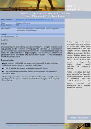 Section 2
Groupe RHODES
V. CHANGER DE PARADIGME SOCIETAL |HOW EUROPEAN BUSINESS SCHOOLS CAN FIND THEIR WAY 91
Analyse
Résumé
L’humanisme européen a fait long feu, aujourd’hui l’Europe n’est plus qu’un ensemble
de pays dirigé par des politiciens corrompus par les lobbyistes. Les business school
qui ont toujours repris avec complaisance les théories des écoles américaines agissent
comme des centres de formation d’agents de profit pour les besoins de la finance sans
prise de recul sur la moralité des actes de leurs futurs métiers. La GRH permettrait de
remédier à cette situation.
Données Brutes
 Les écoles sous modèle GRH mettraient en place un mode de fonctionnement
multiculturel sans arrogance ni prétention occidentale.
 Il s’agirait d’inciter les élèves à développer un sens de l’écoute.
 Il s’agit aussi de les faire réfléchir sur leur vision du monde et l’avenir qu’ils
désirent lui céder.
 Le Globally responsible humanism permet de repartir sur des bases plus saines en
privilégiant la recherche et la réflexion en collectivité et en prenant en compte les
divers intérêts.
Nature et Source Article tiré du Journal of Global Responsability pp.226 - 257
Thème Education & Economie
Date et Contexte 2010
Idée Générale Les écoles européennes pourraient apporter de grands changements
s’émancipaient intellectuellement.
Fiabilité 3/5
Degré de polémique 3/5
IRWIN - CHERCHEUR
How European business schools can find their way
Bernard Sionneau, Carlos et Javier Rabasso
L’article nous permet de voir que
nous devons jouer sur la cohésion
du monde dans lequel nous
vivons pour mettre au point une
économie pérenne, vectrice de
solidarité et porteuse du Bien
Commun. En effet, adopter une
posture d’écoute vis-à-vis des
autres cultures et créer des
synergies nous éloignera du
modèle éducatif actuel
générateur de croissance
excessive.
L’article nous explique donc que
la mise au point d’une économie
solidaire passerait par la réflexion
en concertation avec une
multitude d’acteurs et sans
réduction excessive au
cartésianisme ou à d’autres
référents occidentaux.
 