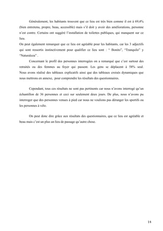 14
Généralement, les habitants trouvent que ce lieu est très bien comme il est à 69,4%
(bien entretenu, propre, beau, accessible) mais s’il doit y avoir des améliorations, personne
n’est contre. Certains ont suggéré l’installation de toilettes publiques, qui manquent sur ce
lieu.
On peut également remarquer que ce lieu est agréable pour les habitants, car les 3 adjectifs
qui sont ressortis instinctivement pour qualifier ce lieu sont : “ Bonito”, “Tranquilo” y
“Naturaleza” .
Concernant le profil des personnes interrogées on a remarqué que c’est surtout des
retraités ou des femmes au foyer qui passent. Les gens se déplacent à 58% seul.
Nous avons réalisé des tableaux explicatifs ainsi que des tableaux croisés dynamiques que
nous mettrons en annexe, pour comprendre les résultats des questionnaires.
Cependant, tous ces résultats ne sont pas pertinents car nous n’avons interrogé qu’un
échantillon de 36 personnes et ceci sur seulement deux jours. De plus, nous n’avons pu
interroger que des personnes venues à pied car nous ne voulions pas déranger les sportifs ou
les personnes à vélo.
On peut donc dire grâce aux résultats des questionnaires, que ce lieu est agréable et
beau mais c’est un plus un lieu de passage qu’autre chose.
 