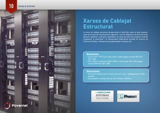 10
Xarxes de Cablejat
Estructurat
La xarxa de cablejat estructurat proporciona el nivell físic sobre el qual sustentar
totes els serveis de comunicacions, seguretat i control. Disposem de personal propi
altament qualificat i amb gran experiència en totes les fases del projecte, incloent
l’enginyeria, la instal·lació i el manteniment. Experiència provada en entorns de
Centres de Dades i infraestructures gestionades en temps real.
Sistemes:
•	 Coure UTP i FTP Cat3, Cat5I, Cat6 i Cat6A segons normes EIA/TIA i
ISO 11801.
•	 Fibra Òptica multimodo (OM1-OM4) i monomodo (US1-US2) segons
normes EIA/TIA i ISO 11801.
Solucions:
•	 Preconectorizadas, tant en coure com en f.o., per a desplegaments ràpids i
flexibles.
•	 Gestionables en temps real, tals com imVision i PanView.
Areas d’activitat
 