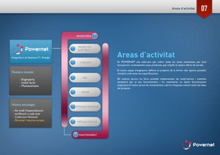 07
Areas d’activitat
En POWERNET ens esforcem per cobrir totes les seves necessitats, per això
incorporem contínuament nous productes que ampliïn la nostra oferta de serveis.
El nostre equip d’enginyeria definirà el projecte de la forma més òptima possible,
complint amb totes les especificacions.
Els nostres tècnics ho faran possible implementant les instal·lacions i sistemes
necessaris per al seu funcionament, i ho mantindran en òptim funcionament
mitjançant el nostre servei de manteniment, cobrint d’aquesta manera totes les fases
del projecte.
Areas d’activitat
 