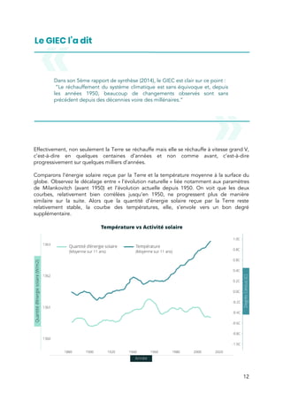  
 
Dans son 5ème rapport de synthèse (2014), le GIEC est clair sur ce point :  
 “Le réchauffement du système climatique est sans équivoque et, depuis                   
les années 1950, beaucoup de changements observés sont sans                 
précédent depuis des décennies voire des millénaires.” 
 
 
 
Effectivement, non seulement la Terre se réchauffe mais elle se réchauffe à vitesse grand V,                             
c’est-à-dire en quelques centaines d’années et non comme avant, c’est-à-dire                   
progressivement sur quelques milliers d’années. 
 
Comparons l’énergie solaire reçue par la Terre et la température moyenne à la surface du                             
globe. Observez le décalage entre « l’évolution naturelle » liée notamment aux paramètres                     
de Milankovitch (avant 1950) et l’évolution actuelle depuis 1950. On voit que les deux                           
courbes, relativement bien corrélées jusqu’en 1950, ne progressent plus de manière                     
similaire sur la suite. Alors que la quantité d’énergie solaire reçue par la Terre reste                             
relativement stable, la courbe des températures, elle, s’envole vers un bon degré                       
supplémentaire.  
 
 
12 
 
