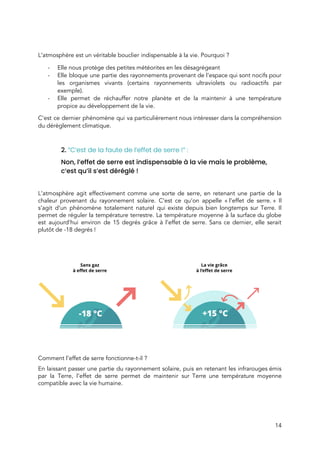  
 
L’atmosphère est un véritable bouclier​ ​indispensable à la vie. Pourquoi ?  
- Elle nous protège des petites météorites en les désagrégeant 
- Elle bloque une partie des rayonnements provenant de l’espace qui sont nocifs pour                         
les organismes vivants (certains rayonnements ultraviolets ou radioactifs par                 
exemple). 
- Elle permet de réchauffer notre planète et de la maintenir à une température                         
propice au développement de la vie.  
C’est ce dernier phénomène qui va particulièrement nous intéresser dans la compréhension                       
du dérèglement climatique.  
 
2.​ ​“C’est de la faute de l’effet de serre !” :  
Non,​ ​l’effet de serre est indispensable à la vie mais le problème, 
c’est qu’il s’est déréglé !  
 
L’atmosphère agit effectivement comme une sorte de serre, en retenant une partie de la                           
chaleur provenant du rayonnement solaire. C’est ce qu’on appelle « l’effet de serre. » Il                         
s’agit d’un phénomène totalement naturel qui existe depuis bien longtemps sur Terre. Il                         
permet de réguler la température terrestre. La température moyenne à la surface du globe                           
est aujourd’hui environ de 15 degrés grâce à l’effet de serre. Sans ce dernier, elle serait                               
plutôt de -18 degrés ! 
 
 
 
 
Comment l’effet de serre fonctionne-t-il ? 
En laissant passer une partie du rayonnement solaire, puis en retenant les infrarouges émis                           
par la Terre, l’effet de serre permet de maintenir sur Terre une température moyenne                           
compatible avec la vie humaine.  
 
14 
 