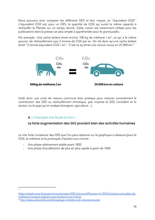  
Nous pouvons ainsi comparer les différents GES et leur impact, en “équivalent CO2”.                         
L'équivalent CO2 est, pour un GES, la quantité de CO2 qui aurait la même capacité à                               
réchauffer la Planète sur un temps donné. Cette notion est notamment utilisée pour les                           
publications dans la presse car plus simple à appréhender pour le grand public.  
Par exemple : Une vache laitière émet environ 100 kg de méthane / an , ce qui a le même                                   7
pouvoir de réchauffement que 3 tonnes de CO2 par an. On dit donc qu’une vache laitière                               
émet “3 tonnes équivalent CO2 / an”. C’est ce qu’émet une voiture neuve en 25 000 km.  8
 
 
 
Voilà donc une unité de mesure commune bien pratique pour mesurer correctement la                         
contribution des GES au réchauffement climatique, peu importe le GES considéré et le                         
secteur ou le pays qu’on analyse (transport, agriculture…). 
 
4. ​« C’est pas ma faute à moi » : 
La forte augmentation des GES provient bien des activités humaines 
 
La très forte croissance des GES que l’on peut observer sur le graphique ci-dessous (pour le                               
CO2, le méthane et le protoxyde d’azote) nous montre :  
- Une phase relativement stable avant 1850 
- Une phase d’accélération de plus en plus rapide à partir de 1850 
 
7
 
https://www6.inrae.fr/productions-animales/1995-Volume-8/Numero-4-1995/Emissions-annuelles-de-
methane-d-origine-digestive-par-les-bovins-en-France 
8
​http://www.carbone4.com/decryptage-mobilite-co2-voitures-neuves/ 
18 
 