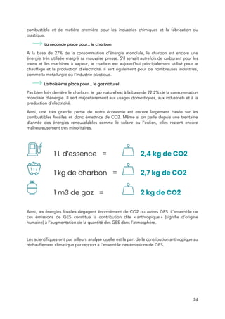  
combustible et de matière première pour les industries chimiques et la fabrication du                         
plastique. 
La seconde place pour… le charbon 
A la base de 27% de la consommation d’énergie mondiale, le charbon est encore une                             
énergie très utilisée malgré sa mauvaise presse. S’il servait autrefois de carburant pour les                           
trains et les machines à vapeur, le charbon est aujourd’hui principalement utilisé pour le                           
chauffage et la production d’électricité. Il sert également pour de nombreuses industries,                       
comme la métallurgie ou l'industrie plastique. 
La troisième place pour … le gaz naturel 
Pas bien loin derrière le charbon, le gaz naturel est à la base de 22,2% de la consommation                                   
mondiale d’énergie. Il sert majoritairement aux usages domestiques, aux industriels et à la                         
production d'électricité. 
Ainsi, une très grande partie de notre économie est encore largement basée sur les                           
combustibles fossiles et donc émettrice de CO2. Même si on parle depuis une trentaine                           
d’année des énergies renouvelables comme le solaire ou l’éolien, elles restent encore                       
malheureusement très minoritaires.  
 
  1 L d’essence =  ​2,4 kg de CO2 
  1 kg de charbon = ​2,7 kg de CO2 
  1 m3 de gaz = ​2 kg de CO2 
 
Ainsi, les énergies fossiles dégagent énormément de CO2 ou autres GES. L’ensemble de                         
ces émissions de GES constitue la contribution dite « anthropique » (signifie d’origine                     
humaine) à l’augmentation de la quantité des GES dans l’atmosphère.  
 
Les scientifiques ont par ailleurs analysé quelle est la part de la contribution anthropique au                             
réchauffement climatique par rapport à l’ensemble des émissions de GES. 
 
24 
 