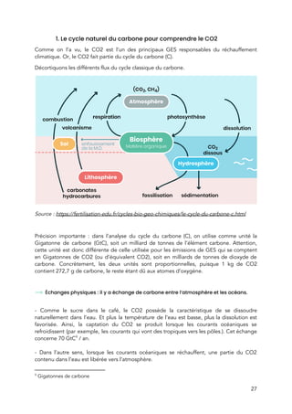  
1. Le cycle naturel du carbone pour comprendre le CO2 
Comme on l’a vu, le CO2 est l’un des principaux GES responsables du réchauffement                           
climatique. Or, le​ ​CO2 fait partie du cycle du carbone (C).  
Décortiquons les différents flux du cycle classique du carbone.  
 
Source : ​https://fertilisation-edu.fr/cycles-bio-geo-chimiques/le-cycle-du-carbone-c.html 
 
Précision importante : dans l’analyse du cycle du carbone (C), on utilise comme unité la                             
Gigatonne de carbone (GtC), soit un milliard de tonnes de l’élément carbone. Attention,                         
cette unité est donc différente de celle utilisée pour les émissions de GES qui se comptent                               
en Gigatonnes de CO2 (ou d’équivalent CO2), soit en milliards de tonnes de dioxyde de                             
carbone. Concrètement, les deux unités sont proportionnelles, puisque 1 kg de CO2                       
contient 272,7 g de carbone, le reste étant dû aux atomes d’oxygène.  
 
Échanges physiques : il y a échange de carbone entre l’atmosphère et les océans.  
 
- Comme le sucre dans le café, le CO2 possède la caractéristique de se dissoudre                             
naturellement dans l’eau. Et plus la température de l’eau est basse, plus la dissolution est                             
favorisée. Ainsi, la captation du CO2 se produit lorsque les courants océaniques se                         
refroidissent (par exemple, les courants qui vont des tropiques vers les pôles.). Cet échange                           
concerne 70 GtC / an.  9
 
- Dans l’autre sens, lorsque les courants océaniques se réchauffent, une partie du CO2                           
contenu dans l’e​au est libérée​ vers l’atmosphère.  
9
Gigatonnes de carbone 
27 
 