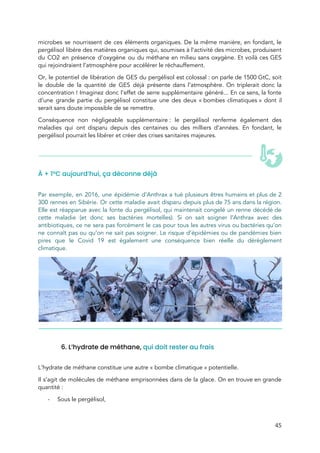  
microbes se nourrissent de ces éléments organiques. De la même manière, en fondant, le                           
pergélisol libère des matières organiques qui, soumises à l’activité des microbes, produisent                       
du CO2 en présence d’oxygène ou du méthane en milieu sans oxygène. Et voilà ces GES                               
qui rejoindraient l’atmosphère pour accélérer le réchauffement.  
Or, le potentiel de libération de GES du pergélisol est colossal : on parle de 1500 GtC, soit                                 
le double de la quantité de GES déjà présente dans l’atmosphère. On triplerait donc la                             
concentration ! Imaginez donc l’effet de serre supplémentaire généré... En ce sens, la fonte                         
d’une grande partie du pergélisol constitue une des deux « bombes climatiques » dont il                         
serait sans doute impossible de se remettre.  
Conséquence non négligeable supplémentaire : le pergélisol renferme également des                 
maladies qui ont disparu depuis des centaines ou des milliers d’années. En fondant, le                           
pergélisol pourrait les libérer et créer des crises sanitaires majeures.  
 
À + 1°C aujourd’hui, ça déconne déjà 
 
Par exemple, en 2016, une épidémie d’Anthrax a tué plusieurs êtres humains et plus de 2                               
300 rennes en Sibérie. Or cette maladie avait disparu depuis plus de 75 ans dans la région.                                 
Elle est réapparue avec la fonte du pergélisol, qui maintenait congelé un renne décédé de                             
cette maladie (et donc ses bactéries mortelles). Si on sait soigner l’Anthrax avec des                           
antibiotiques, ce ne sera pas forcément le cas pour tous les autres virus ou bactéries qu’on                               
ne connaît pas ou qu’on ne sait pas soigner. Le risque d’épidémies ou de pandémies bien                               
pires que le Covid 19 est également une conséquence bien réelle du dérèglement                         
climatique. 
 
 
6. L’hydrate de méthane, ​qui doit rester au frais 
 
L’hydrate de méthane constitue une autre « bombe climatique » potentielle.  
Il s’agit de molécules de méthane emprisonnées dans de la glace. On en trouve en grande                               
quantité :  
- Sous le pergélisol, 
45 
 