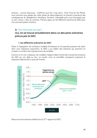  
tenté.es - comme beaucoup - d’affirmer qu’il est « trop tard ». Chez Time for the Planet,                             
nous sommes tous passés par cette phase de découragement en prenant conscience des                         
conséquences du dérèglement climatique. Pourtant, impossible pour nous d’accepter que                   
ce soit « foutu », bien au contraire. Prenons appui sur les différents scénarios du GIEC pour                             
voir comment passer à l’action.  
 
A. ​“On n’est pas au top” :  
Oui, on se trouve actuellement dans un des pires scénarios 
prévus par le GIEC 
 
1. Les différents scénarios du GIEC  
Grâce à l’agrégation de nombreux modèles climatiques et à la grande puissance de calcul                           
dont nous disposons aujourd’hui, le GIEC a pu établir des scénarios qui prennent en                           
compte un nombre très impressionnant de variables.  
Comme on le voit ci-dessous, les modèles intègrent déjà l’inertie liée à toutes les émissions                             
de GES qui ont déjà eu lieu. La courbe noire en pointillée correspond justement la                             
trajectoire déjà lancée à cause de l’inertie.  
 
 
 
Découvrons les scénarios établis lors du 5​ème​
rapport du GIEC :  
 
48 
 