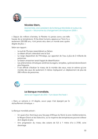  
Nicolas Stern,  
économiste, vice-président de la Banque Mondiale et auteur du 
rapport « l’économie du changement climatique en 2006 » 
 
« Depuis dix millions d’années, la Planète n’a jamais connu une telle                       
hausse de sa température. Et les êtres humains, apparus sur Terre il y a                           
seulement 250 000 ans, n’ont jamais vécu dans un monde avec quatre                       
degrés de plus. » 
Selon son rapport :  
- Le sud de l’Europe ressemblerait au Sahara 
- Le désert africain s'étendrait vers le Sud 
- La neige disparaîtrait de l’Himalaya, qui apportait de l’eau à plus de 2 milliards de                             
personnes 
- Le bassin amazonien serait frappé de désertification   
- Les phénomènes climatiques extrêmes (ouragans, tempêtes, cyclones) deviendraient               
plus fréquents 
- Il est difficile d’évaluer le niveau de la montée des eaux, mais on estime qu’une                             
montée des eaux de seulement 2 mètres impliquerait un déplacement de plus de                         
200 millions de personnes.  
 
La Banque mondiale,  
dans son rapport de 2012 « Turn down the heat » 
 
« Dans un scénario à +4 degrés, aucun pays n’est épargné par le                         
réchauffement climatique. » 
 
La Banque mondiale prévoit :  
- Un quasi-choc thermique pour les pays d'Afrique du Nord, la zone méditerranéenne,                       
le Moyen-Orient et les Etats-Unis, où la moyenne des tempér​atures pourrait s'élever                     
de 6 degrés et plus 
- Une progression du niveau des océans de 0,5 à 1 mètre d'ici à 2100, voire                             
davantage 
55 
 