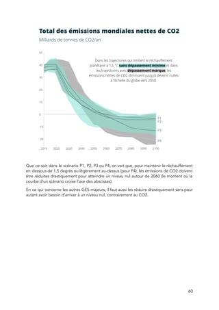  
 
 
Que ce soit dans le scénario P1, P2, P3 ou P4, on voit que, pour maintenir le réchauffement                                   
en dessous de 1,5 degrés ou légèrement au-dessus (pour P4), les émissions de CO2 doivent                             
être réduites drastiquement pour atteindre un niveau nul autour de 2060 (le moment où la                             
courbe d’un scénario croise l’axe des abscisses).  
En ce qui concerne les autres GES majeurs, il faut aussi les réduire drastiquement sans pour                               
autant avoir besoin d’arriver à un niveau nul, contrairement au CO2. 
60 
 