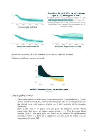  
 
 
Au sein de son rapport, le GIEC modélise chacun de ces scénarios en détail.  
Voici comment lire un scénario en détail : 
 
 
Chaque graphique indique :  
- Dans quelle mesure nous réduisons notre consommation d’énergie fossile et l’impact                     
de nos industries mondiales, fortement émettrices de GES => C’est la courbe noire,                         
qui décroît mais reste toujours positive, car il est impossible de la neutraliser                         
totalement.  
- Dans quelle mesure on prend soin des puits de carbones naturels (forêts,                       
préservation des terres, agriculture non-émettrice…) => C’est la courbe bleue,                   
appelée AFAUT. Elle peut jouer en faveur ou en défaveur du réchauffement                       
climatique, selon si la terre et la végétation sont des puits de carbone ou des                             
sources émettrices de GES. 
61 
 