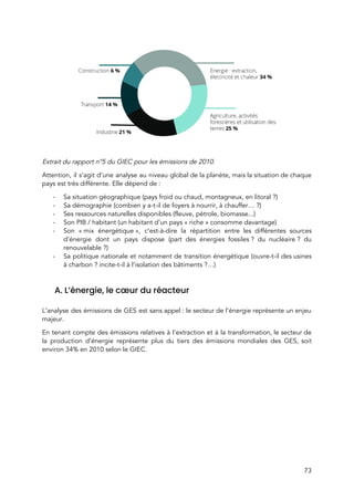  
 
Extrait du rapport n°5 du GIEC pour les émissions de 2010.  
Attention, il s’agit d’une analyse au niveau global de la planète, mais la situation de chaque                               
pays est très différente. Elle dépend de : 
- Sa situation géographique (pays froid ou chaud, montagneux, en litoral ?) 
- Sa démographie (combien y a-t-il de foyers à nourrir, à chauffer… ?) 
- Ses ressources naturelles disponibles (fleuve, pétrole, biomasse...) 
- Son PIB / habitant (un habitant d’un pays « riche » consomme davantage) 
- Son « mix énergétique », c’est-à-dire la répartition entre les différentes sources                   
d’énergie dont un pays dispose (part des énergies fossiles ? du nucléaire ? du                       
renouvelable ?) 
- Sa politique nationale et notamment de transition énergétique (ouvre-t-il des usines                     
à charbon ? incite-t-il à l’isolation des bâtiments ?…) 
 
A. L’énergie, le cœur du réacteur 
 
L’analyse des émissions de GES est sans appel : le secteur de l’énergie représente un enjeu                             
majeur.  
En tenant compte des émissions relatives à l’extraction et à la transformation, le secteur de                             
la production d’énergie représente plus du tiers des émissions mondiales des GES, soit                         
environ 34% en 2010 selon le GIEC. 
73 
 