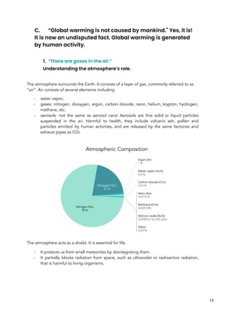 C. “Global warming is not caused by mankind." Yes, it is!
It is now an undisputed fact. Global warming is generated
by human activity.
1. “There are gases in the air.”
Understanding the atmosphere’s role.
The atmosphere surrounds the Earth. It consists of a layer of gas, commonly referred to as
“air”. Air consists of several elements including:
- water vapor;
- gases: nitrogen, dioxygen, argon, carbon dioxide, neon, helium, krypton, hydrogen,
methane, etc.
- aerosols: not the same as aerosol cans! Aerosols are fine solid or liquid particles
suspended in the air. Harmful to health, they include volcanic ash, pollen and
particles emitted by human activities, and are released by the same factories and
exhaust pipes as CO₂
Atmospheric Composition
The atmosphere acts as a shield. It is essential for life.
- It protects us from small meteorites by disintegrating them.
- It partially blocks radiation from space, such as ultraviolet or radioactive radiation,
that is harmful to living organisms.
13
 