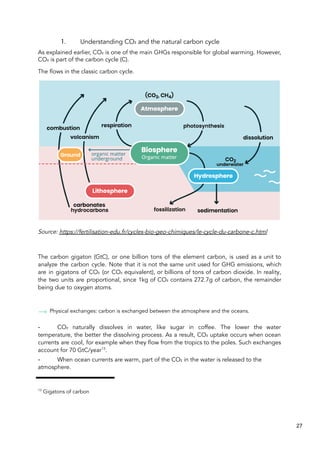 1. Understanding CO₂ and the natural carbon cycle
As explained earlier, CO₂ is one of the main GHGs responsible for global warming. However,
CO₂ is part of the carbon cycle (C).
The flows in the classic carbon cycle.
Source: https://fertilisation-edu.fr/cycles-bio-geo-chimiques/le-cycle-du-carbone-c.html
The carbon gigaton (GtC), or one billion tons of the element carbon, is used as a unit to
analyze the carbon cycle. Note that it is not the same unit used for GHG emissions, which
are in gigatons of CO₂ (or CO₂ equivalent), or billions of tons of carbon dioxide. In reality,
the two units are proportional, since 1kg of CO₂ contains 272.7g of carbon, the remainder
being due to oxygen atoms.
Physical exchanges: carbon is exchanged between the atmosphere and the oceans.
- CO₂ naturally dissolves in water, like sugar in coffee. The lower the water
temperature, the better the dissolving process. As a result, CO₂ uptake occurs when ocean
currents are cool, for example when they flow from the tropics to the poles. Such exchanges
account for 70 GtC/year13
.
- When ocean currents are warm, part of the CO₂ in the water is released to the
atmosphere.
13
Gigatons of carbon
27
 