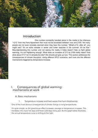 I. Consequences of global warming:
mechanisms at work
A. Basic mechanisms
1. Temperature increase and heat waves that harm biodiversity
One of the most obvious consequences of climate change is rising temperatures.
It’s quite simple: as the greenhouse effect increases, average air temperature increases. This
translates into more hot days and fewer cold days every year. As the graph below illustrates,
the annual temperature curve is shifting to the right.
32
 