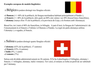 Exemples europeus de models ling üístics: A  Bèlgica  hi podem distingir tres llengües oficials: -el  flamenc  (+/- 60% de la població, de llengua neerlandesa habitant principalment a Flandes ), -el  franc ès  (+/- 40% de la població, dels quals un 80% són valons i un 20% brussel·lencs francòfons), -l’ alemany  (menys d'un 1% de la població, a la província de Lieja, a la frontera amb Alemanya). Brusel·les, tot i tenir el 80% de franc òfons, és bilingüe.  A part d’això, la llengua de l’administració i de l’ensenyament és el francès a Valònia i el flamenc a Flandes. La regió de parla alemanya utilitza l’alemany i, a vegades, el francès. A  Suïssa  hi podem distingir quatre llengües oficials: -l’ alemany  (63% de la població, 17 cantons) -el  francès  (15%, 4 cantons) -l’ italià  (9%, 1 cantó) -el  romanx  (7%) Suïssa està dividida administrativament en 26 cantons. N’hi ha 4 plurilingües (3 bilingües, alemany i francès; i 1 trilingües, alemany, italià i romanx). Tot i això, el romanx es troba en perill de ser substituït per l’alemany. 