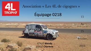 Équipage	0218
COLLÉ	Wendy
COLLÉ	Charlène
Association « Les 4L de cigognes »
15
Au
25
Février
2018
 