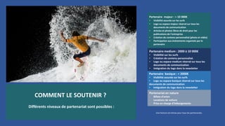 Partenaire majeur : > 10 000€
• Visibilité assurée sur les surfs
• Logo ou espace majeur réservé sur tous les
documents de communication
• Articles et photos libres de droit pour les
publications de l’entreprise
• Création de contenu personnalisé (photo et vidéo)
• Participation aux événements organisés par le
partenaire
COMMENT LE SOUTENIR ?
Partenaire medium : 2000 à 10 000€
• Visibilité sur les surfs
• Création de contenu personnalisé.
• Logo ou espace medium réservé sur tous les
documents de communication
• Intégration du logo dans la newsletter
Partenaire basique : < 2000€
• Visibilité assurée sur les surfs
• Logo ou espace basique réservé sur tous les
documents de communication
• Intégration du logo dans la newsletter
Partenariat en nature
- Billets d’avion
- Locations de voiture
- Prise en charge d’hébergements
Différents niveaux de partenariat sont possibles :
Une facture est émise pour tous les partenariats.
 