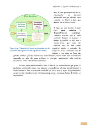 Economia C - Dossier Temático Parte II


                                                        bens deve-se preocupar em alocar,
                                                        eficazmente,      os      recursos
                                                        necessários para que não haja a sua
                                                        exaustão no futuro e para que
                                                        possam ser usados no futuro.

                                                     A figura ao lado ilustra a relação
                                                     entre    meio       ambiente      e
                                                     desenvolvimento        económico.
                                                     Podemos concluir que o meio
                                                     ambiente fornece os insumos e
                                                     energia necessária, ou seja, toda a
                                                     matéria-prima que entra nas
                                                     diversas fases de uma cadeia
Fonte:http://www.licenciamentoambiental.eng.br produtiva, desde a extração do
/conceito-de-capacidade-de-suporte-do-meio/       recurso até o uso e consumo final do
                                                  produto, e em todas as fases são
    gerados resíduos que são dispostos no meio-ambiente, muitas vezes sem o tratamento
    adequado, ou seja, são estes resíduos os principais responsáveis pela poluição
    relacionada com o crescimento económico.

           Foi esta interação insustentável entre o homem e o meio ambiente que gerou os
    problemas ambientais atuais, que causam consequências adversas principalmente à
    saúde humana e para a economia mundial.É de referir que as ações dos governantes
    devem (ou deveriam) repousar, prioritariamente, sobre a existência factual de limites ao
    crescimento.




                                                                                                 5
 